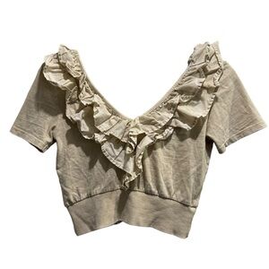 Zara Beige Cream Ruffled Deep V Neck and Back Crop Top Size S